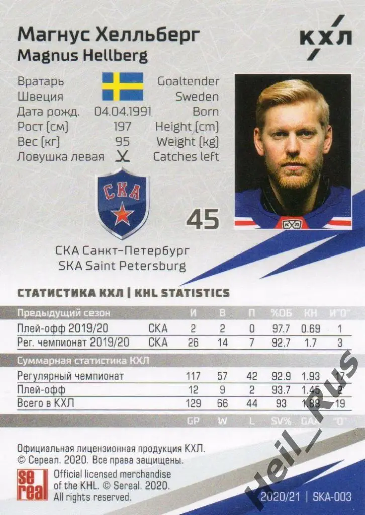 Хоккей. Карточка Магнус Хелльберг (СКА Санкт-Петербург) КХЛ сезон 2020/21 SeReal 1