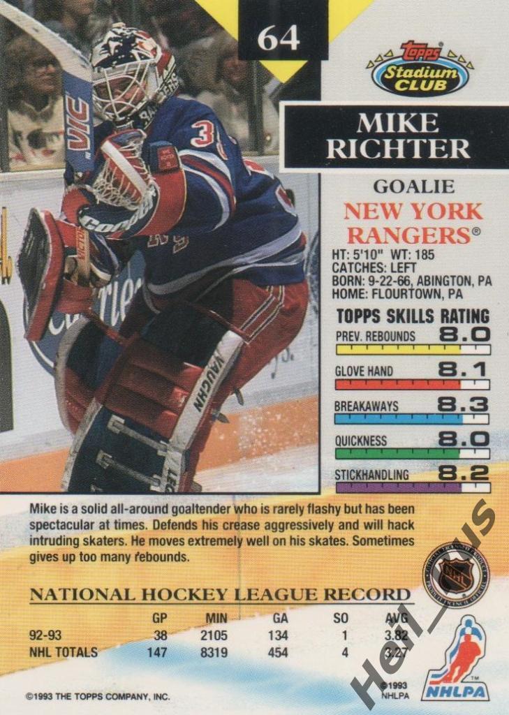 Хоккей. Карточка Mike Richter/Майк Рихтер (New York Rangers / Нью-Йорк) НХЛ/NHL 1