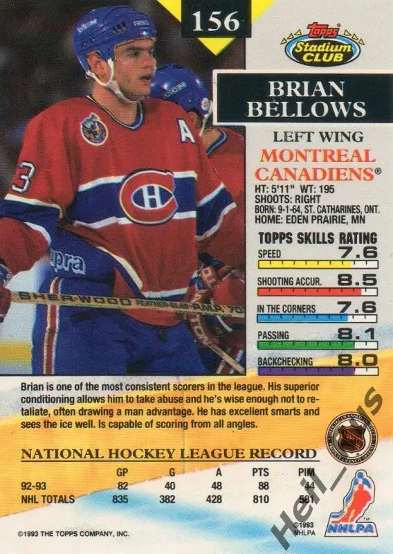 Хоккей Карточка Brian Bellows/Брайан Беллоуз Montreal Canadiens/Монреаль НХЛ/NHL 1