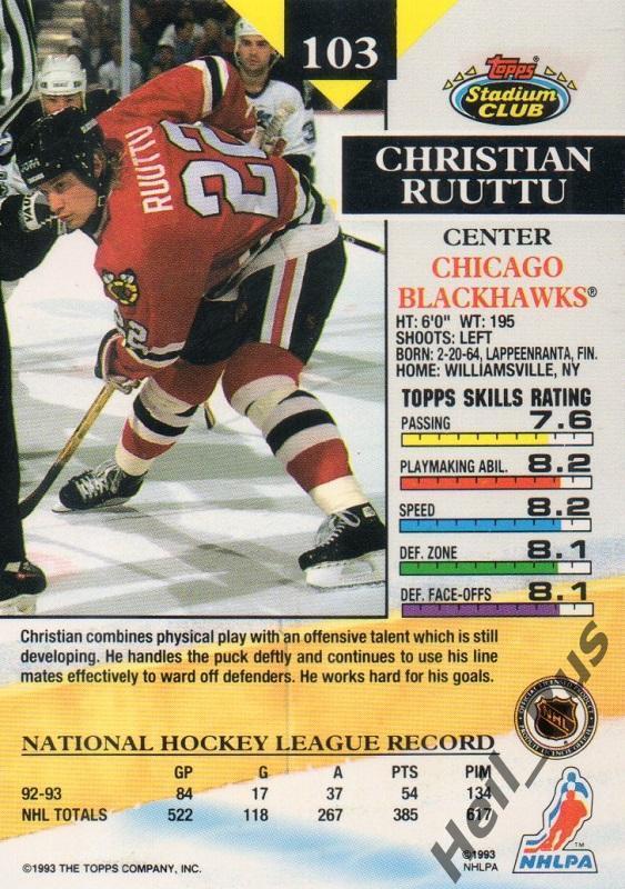 Хоккей. Карточка Christian Ruuttu / Кристиан Руутту (Chicago Blackhawks) НХЛ/NHL 1