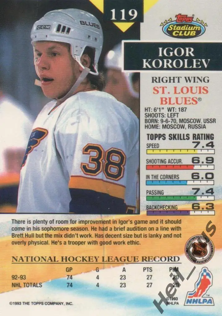 Хоккей Карточка Игорь Королев St Louis Blues, Локомотив/Динамо/Металлург НХЛ/NHL 1
