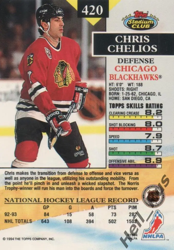Хоккей Карточка Chris Chelios/Крис Челиос (Chicago Blackhawks / Чикаго) НХЛ/NHL 1