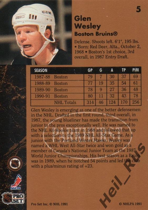 Хоккей. Карточка Glen Wesley / Глен Уэсли (Boston Bruins/Бостон Брюинз) НХЛ/NHL 1