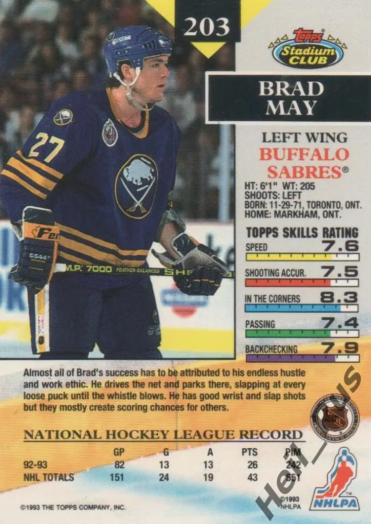 Хоккей. Карточка Brad May / Брэд Мэй (Buffalo Sabres / Баффало Сейбрз) НХЛ/NHL 1