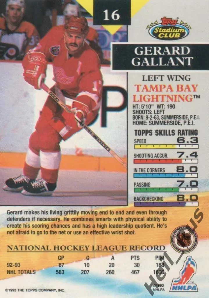 Хоккей, Карточка Gerard Gallant/Жерар Галлан (Detroit Red Wings/Детройт) НХЛ/NHL 1