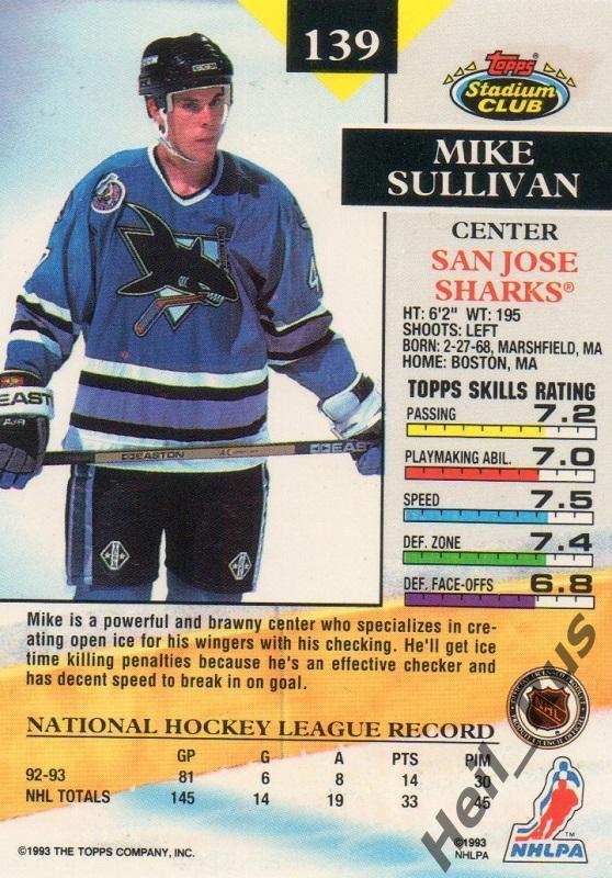 Хоккей. Карточка Mike Sullivan/Майк Салливан (San Jose Sharks/Сан-Хосе) НХЛ/NHL 1