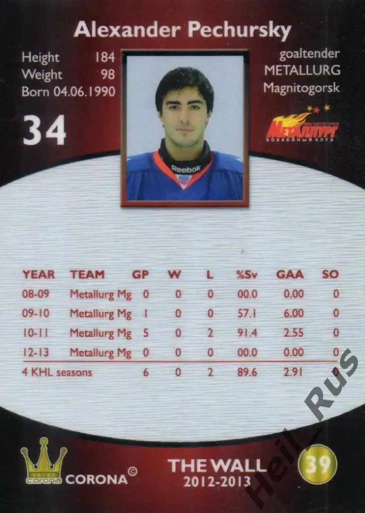 Хоккей Карточка Александр Печурский Металлург Магнитогорск КХЛ/KHL сезон 2012/13 1