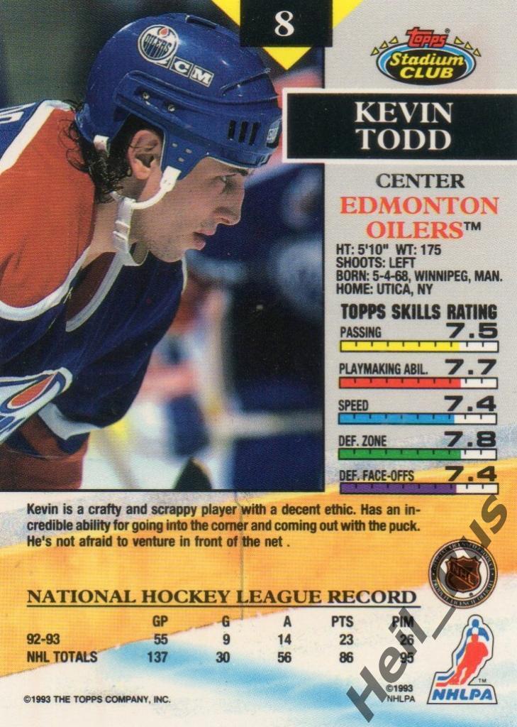 Хоккей. Карточка Kevin Todd/Кевин Тодд (Edmonton Oilers/Эдмонтон Ойлерз) НХЛ/NHL 1