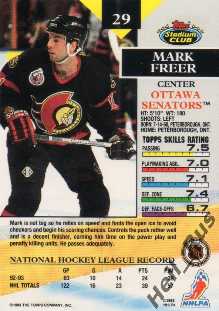 Хоккей. Карточка Mark Freer/Марк Фрир (Ottawa Senators/Оттава Сенаторз) НХЛ/NHL 1
