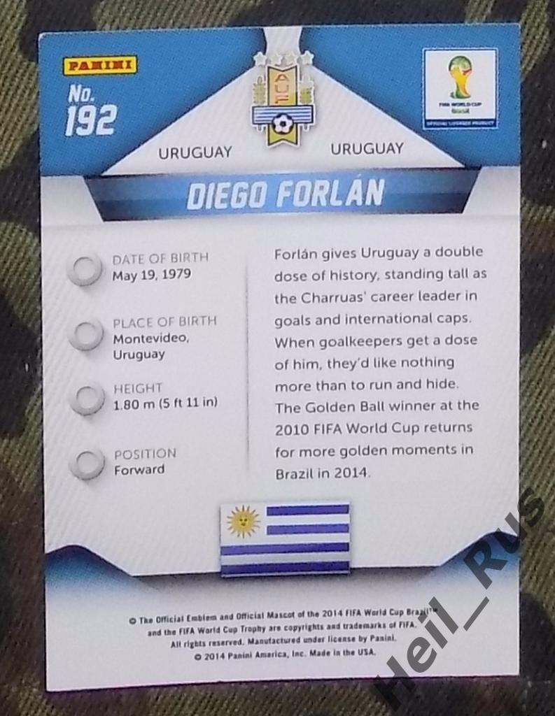 Футбол. Карточка Diego Forlan/Диего Форлан (Уругвай) Чемпионат Мира 2014 Panini 1