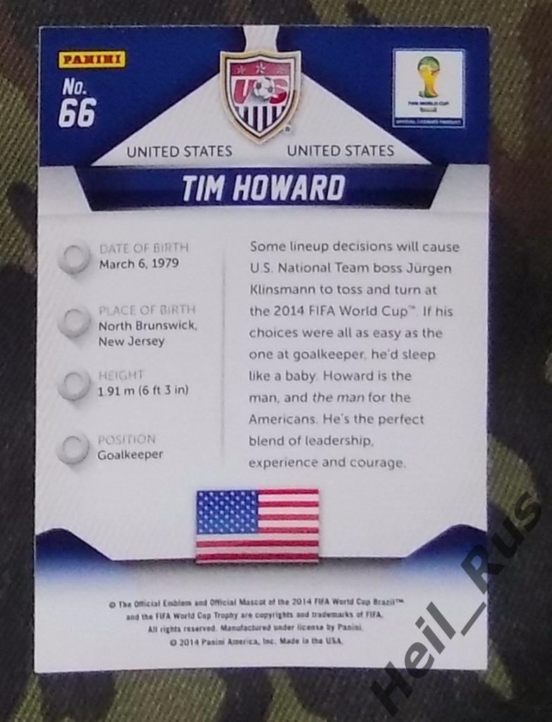Футбол. Карточка Tim Howard/Тим Ховард (USA/США) Чемпионат Мира 2014 Panini 1