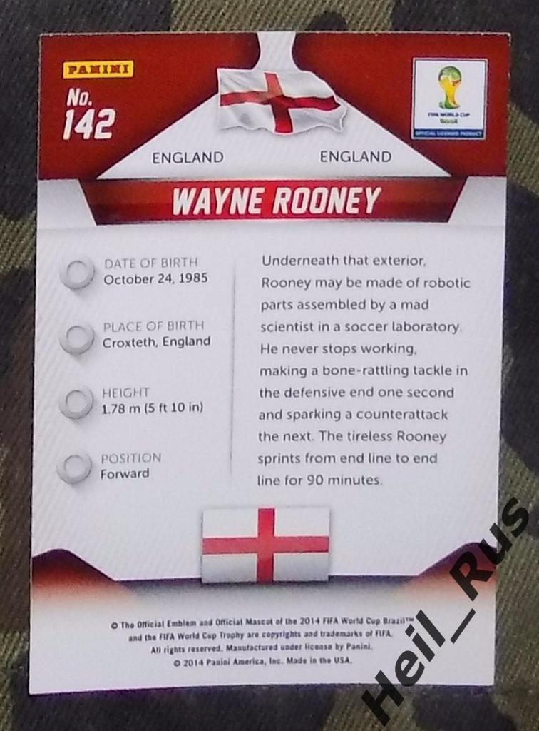 Футбол. Карточка Wayne Rooney / Уэйн Руни (Англия) Чемпионат Мира 2014 Panini 1