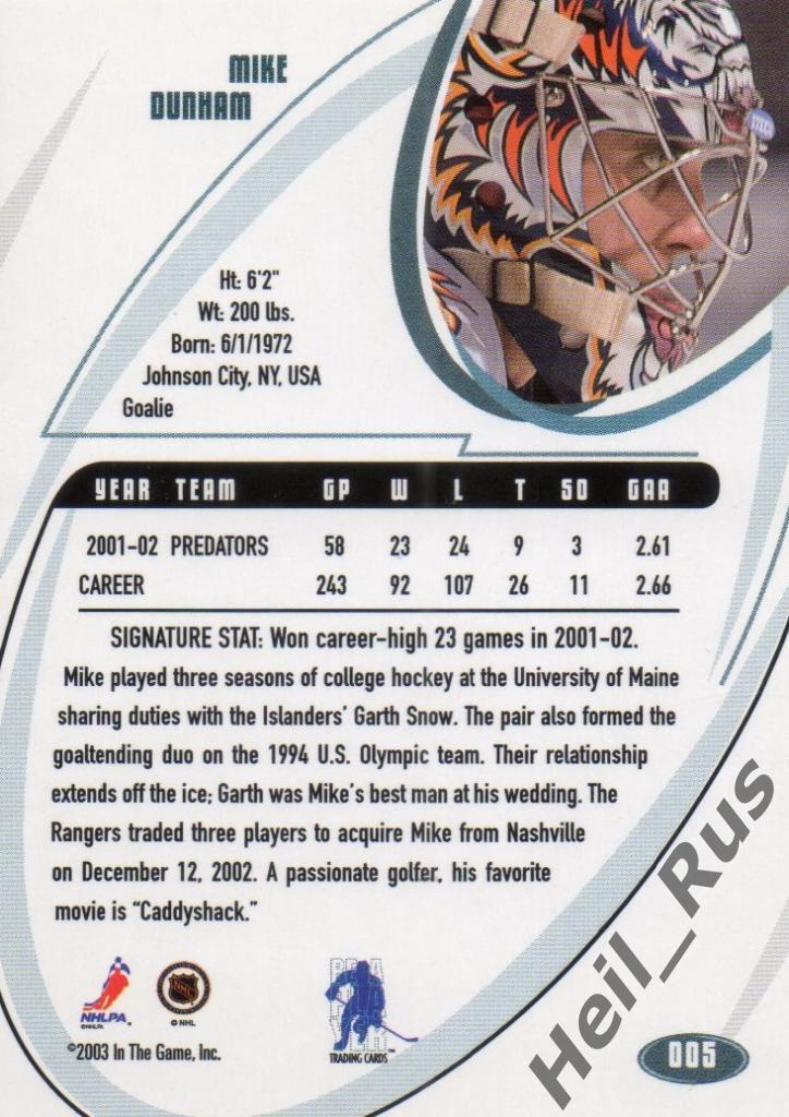 Хоккей. Карточка Mike Dunham/Майк Данхем (Nashville Predators / Нэшвилл) НХЛ/NHL 1