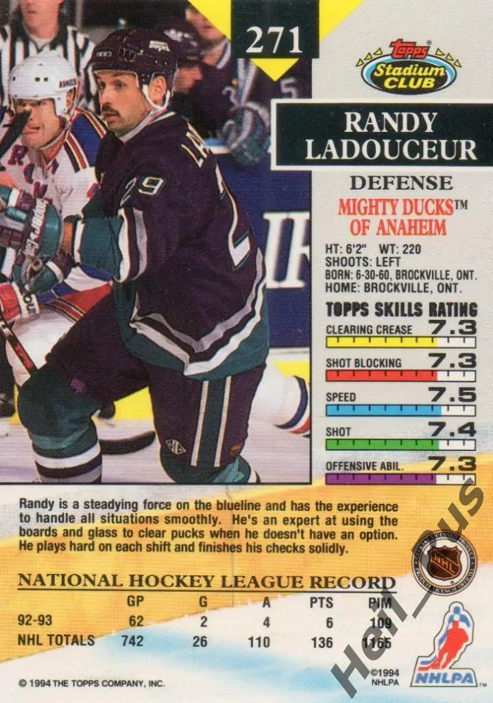 Хоккей Карточка Randy Ladouceur/Рэнди Ладосьер (Mighty Ducks of Anaheim) НХЛ/NHL 1
