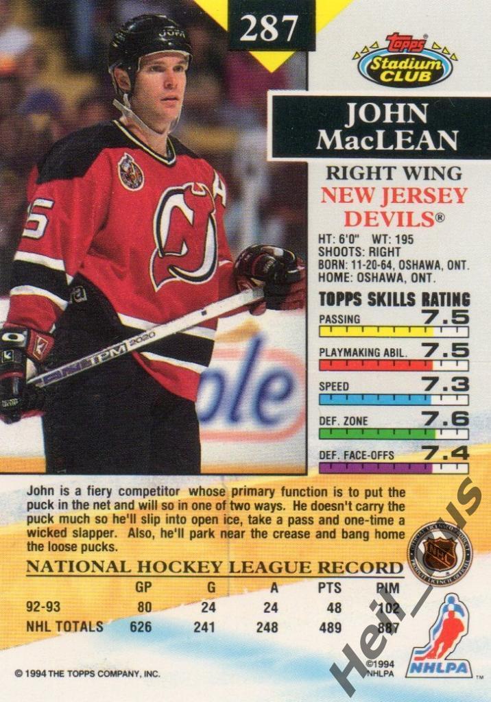 Хоккей. Карточка John MacLean/Джон Маклин (New Jersey Devils / Девилз) НХЛ/NHL 1