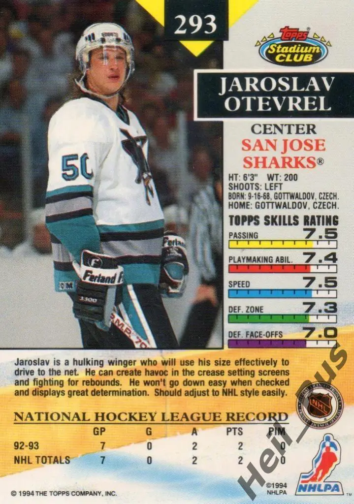 Хоккей. Карточка Jaroslav Otevrel/Ярослав Отевржел San Jose Sharks/Шаркс НХЛ/NHL 1