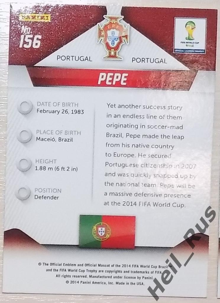 Футбол Карточка Pepe / Пепе (Португалия, Реал Мадрид) Чемпионат Мира 2014 Panini 1