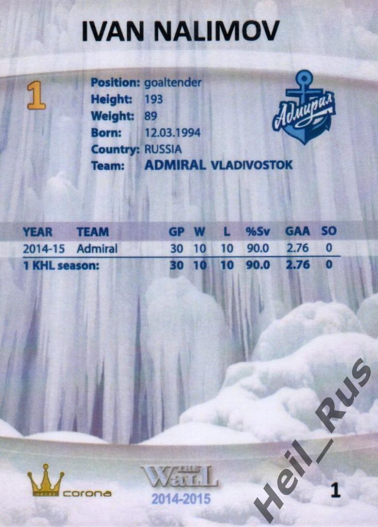 Хоккей. Карточка Иван Налимов (Адмирал Владивосток) КХЛ/KHL сезон 2014/15 1