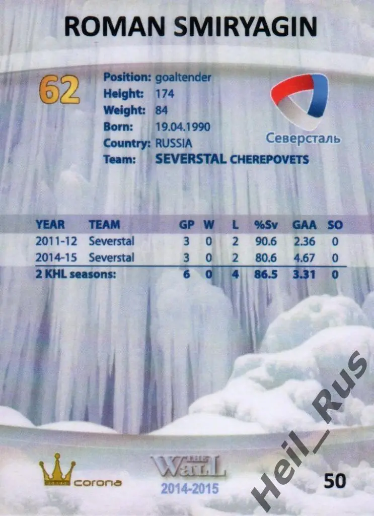 Хоккей. Карточка Роман Смирягин (Северсталь Череповец) КХЛ/KHL сезон 2014/15 1
