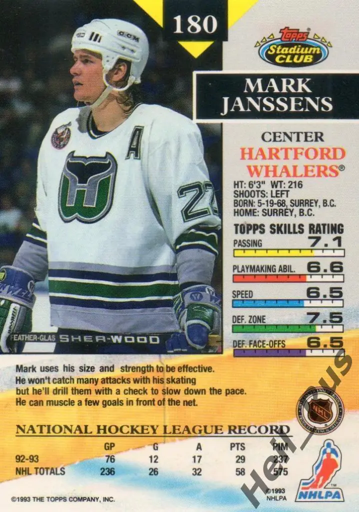 Хоккей. Карточка Mark Janssens/Марк Янссенс Hartford Whalers / Хартфорд НХЛ/NHL 1