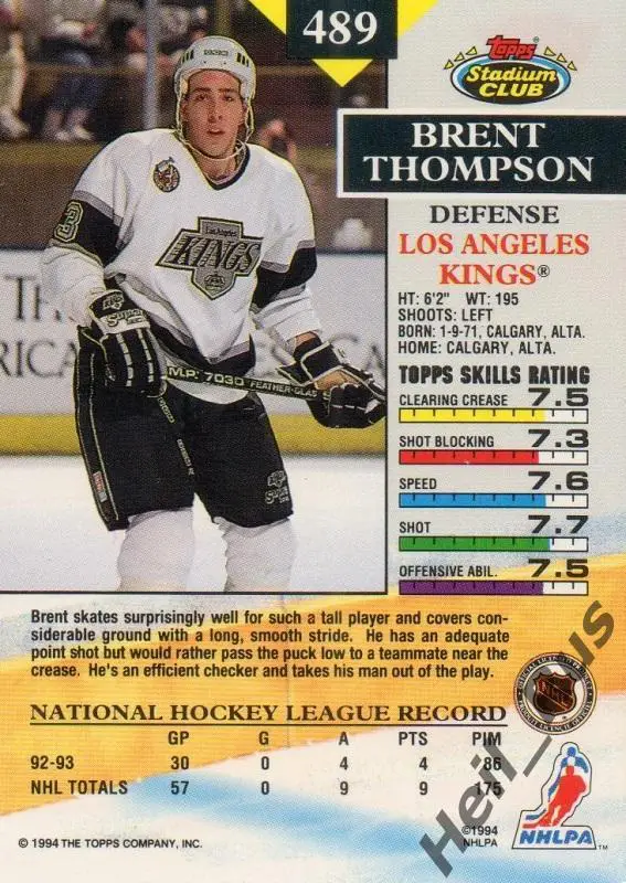 Хоккей. Карточка Brent Thompson/Брент Томпсон (Los Angeles Kings/Кингз) НХЛ/NHL 1