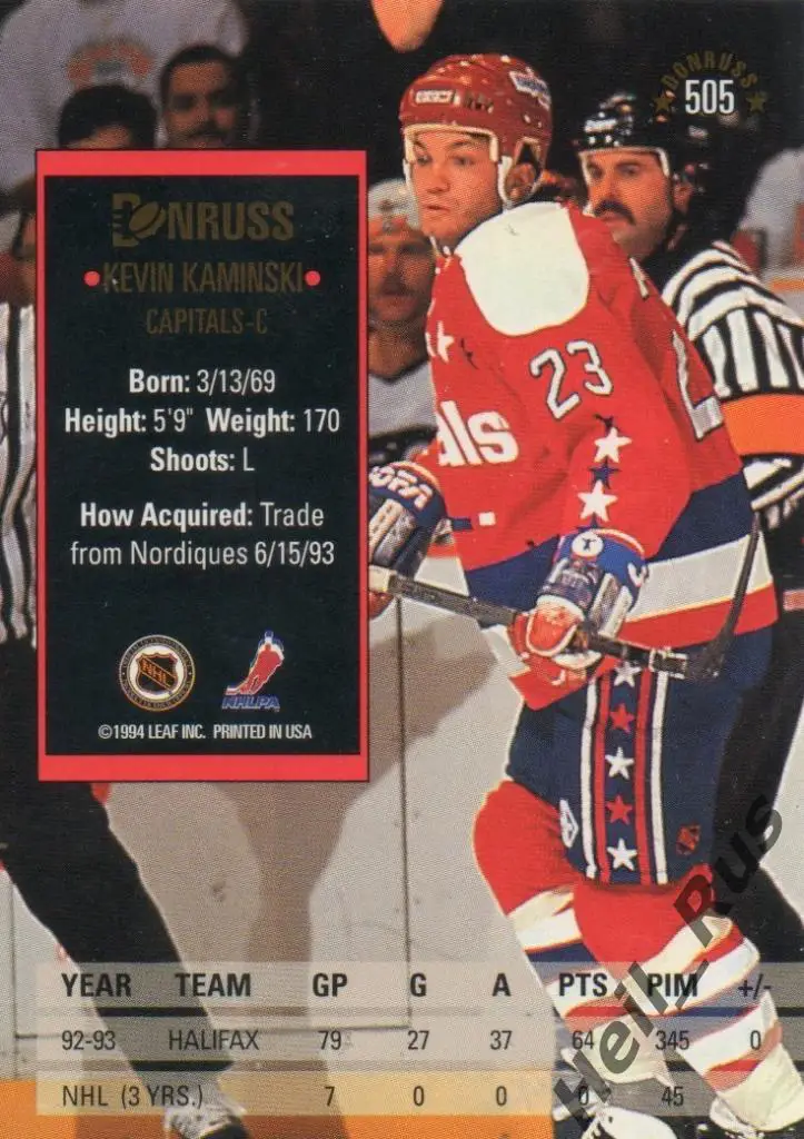 Хоккей. Карточка Kevin Kaminski / Кевин Камински (Washington Capitals) НХЛ/NHL 1