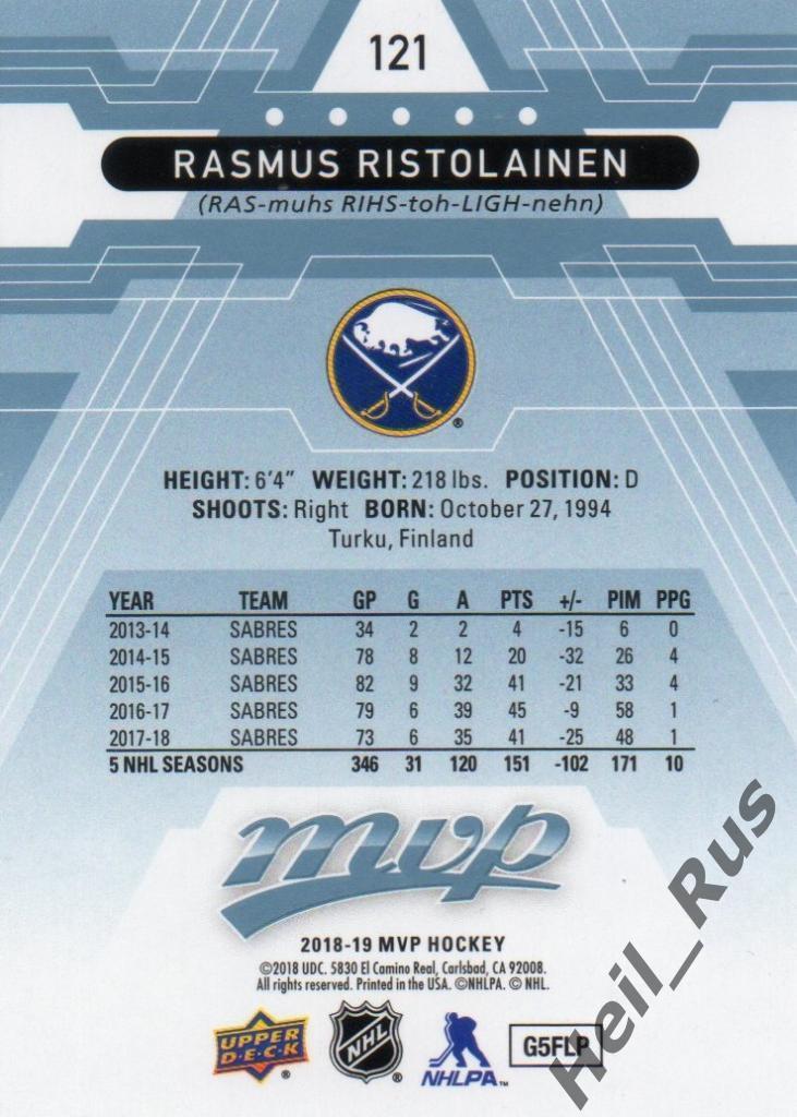 Хоккей. Карточка Rasmus Ristolainen/Расмус Ристолайнен (Buffalo Sabres) НХЛ/NHL 1