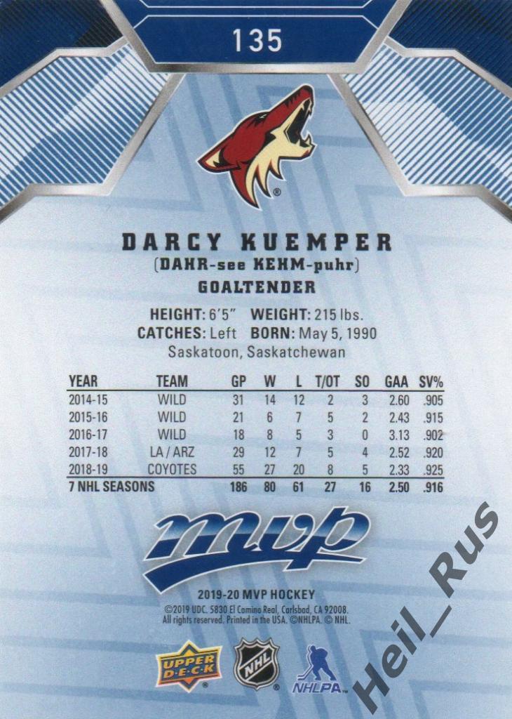 Хоккей. Карточка Darcy Kuemper/Дарси Кемпер (Arizona Coyotes / Аризона) НХЛ/NHL 1