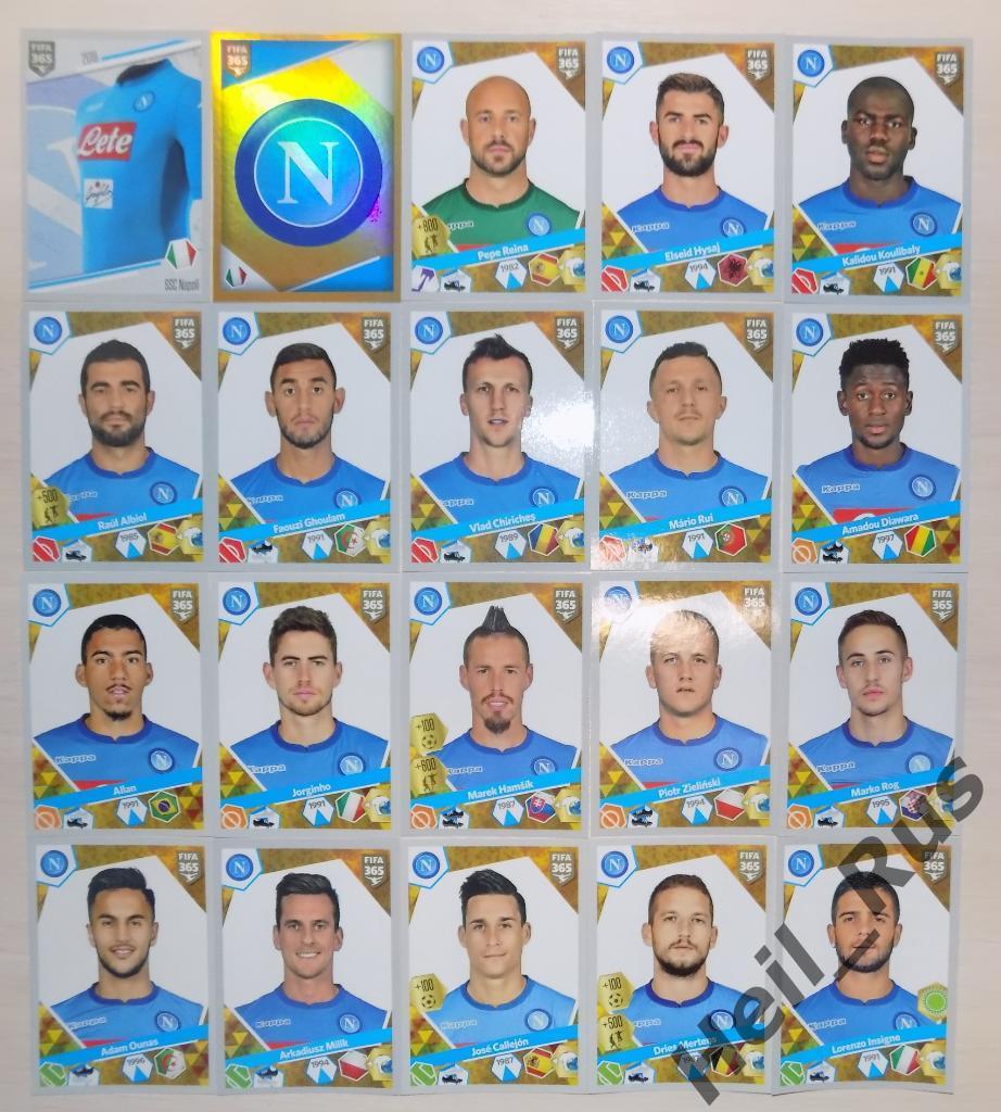 Футбол. SSC Napoli/Наполи полный комплект из 20 наклеек/стикеров Panini FIFA 365