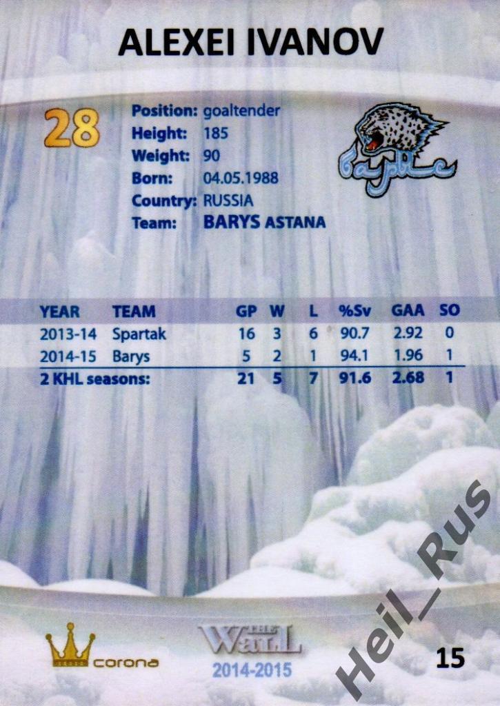 Хоккей. Карточка Алексей Иванов (Барыс Астана) КХЛ/KHL сезон 2014/15 1