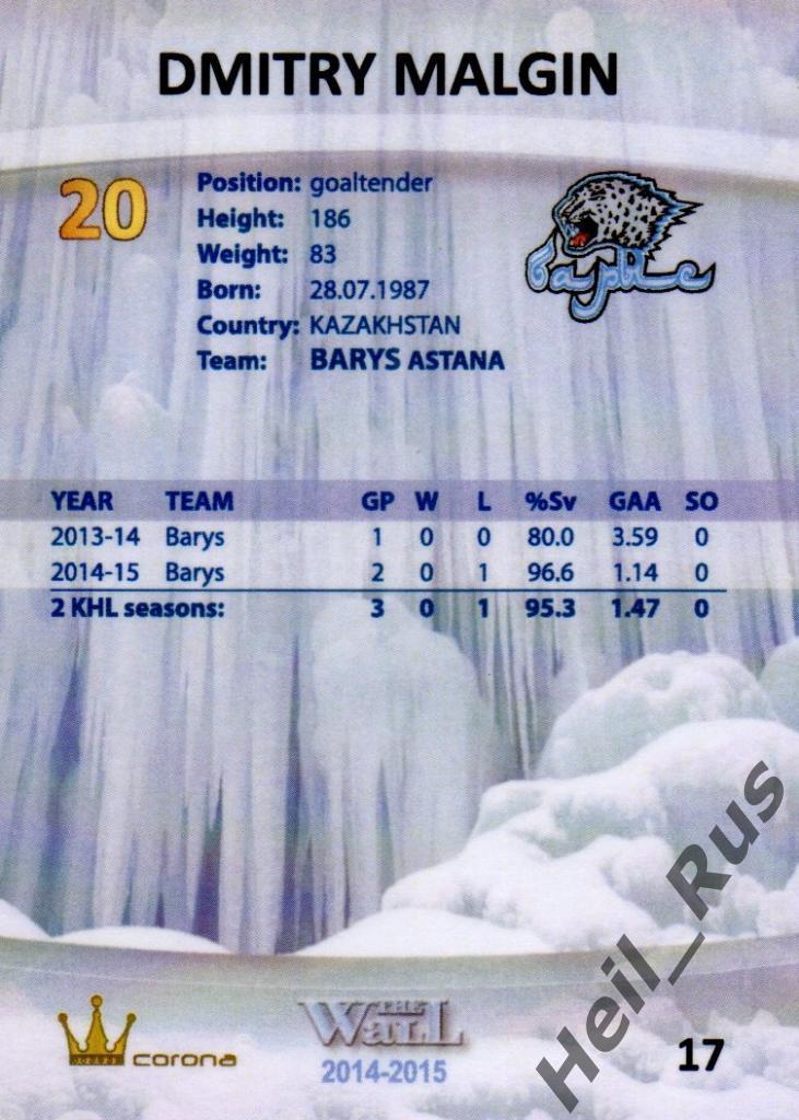Хоккей. Карточка Дмитрий Мальгин (Барыс Астана) КХЛ/KHL сезон 2014/15 1