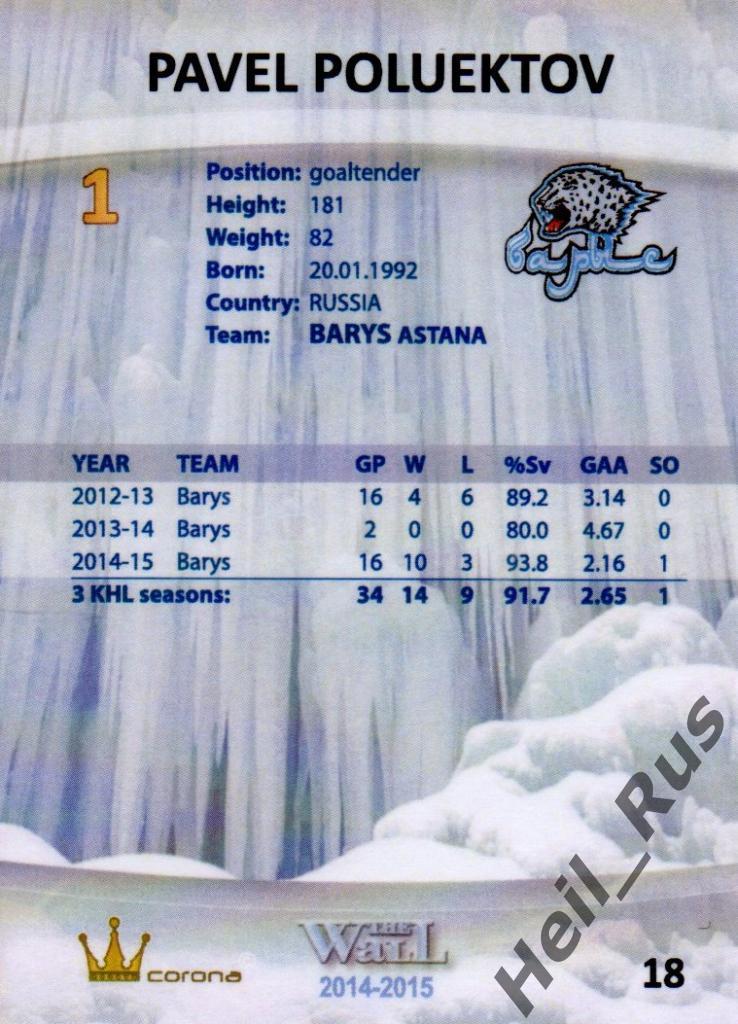 Хоккей. Карточка Павел Полуэктов (Барыс Астана) КХЛ/KHL сезон 2014/15 1