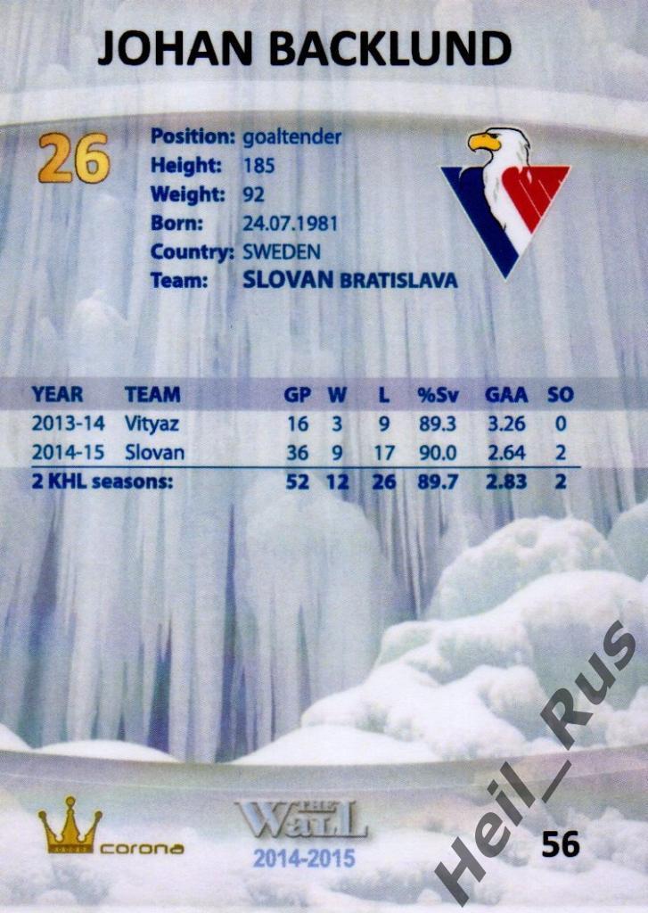 Хоккей. Карточка Юхан Баклунд (Слован Братислава) КХЛ/KHL сезон 2014/15 1