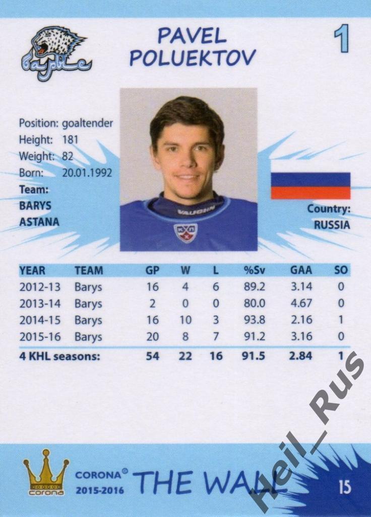 Хоккей. Карточка Павел Полуэктов (Барыс Астана) КХЛ/KHL сезон 2015/16 1