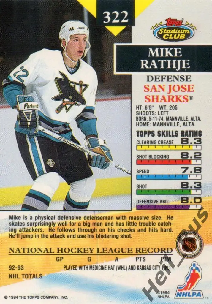 Хоккей. Карточка Mike Rathje/Майк Ратье (San Jose Sharks/Сан-Хосе Шаркс) НХЛ/NHL 1