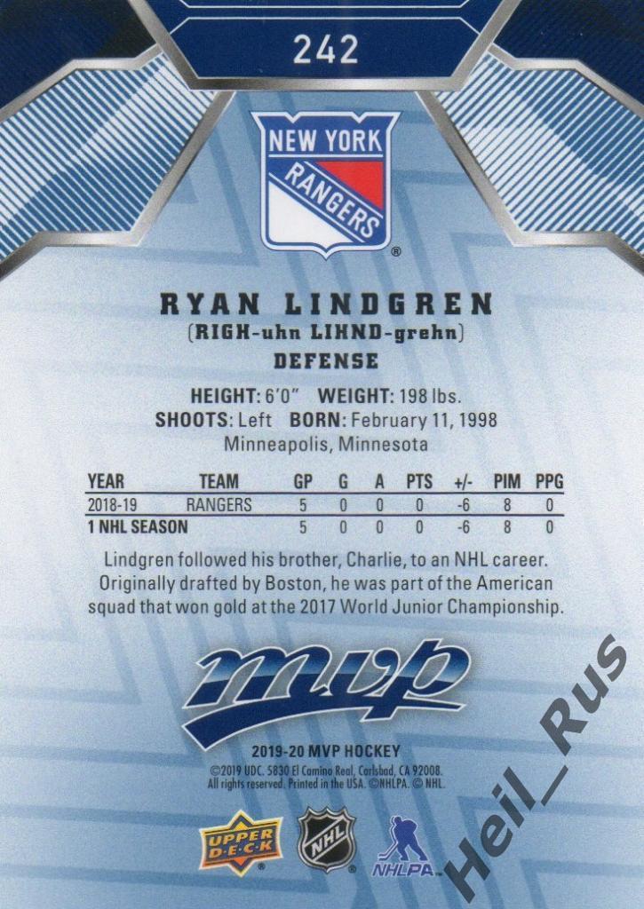 Хоккей. Карточка Ryan Lindgren/Райан Линдгрен New York Rangers/Рейнджерс НХЛ/NHL 1