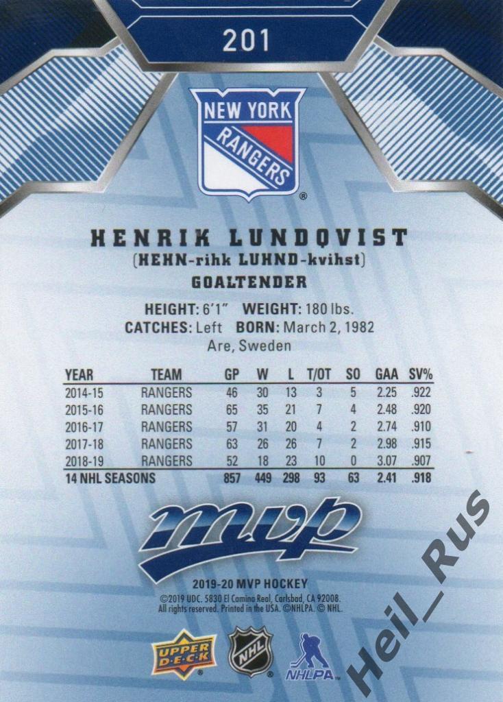 Хоккей Карточка Henrik Lundqvist / Хенрик Лундквист (New York Rangers) НХЛ / NHL 1