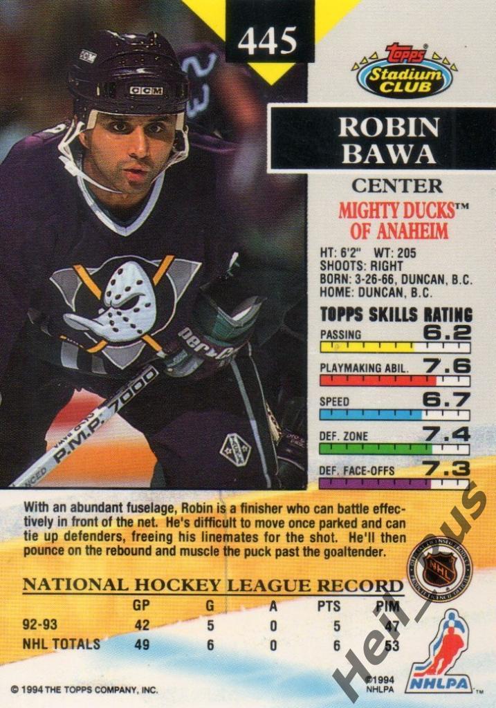 Хоккей. Карточка Robin Bawa/Робин Бауа Mighty Ducks of Anaheim / Анахайм НХЛ/NHL 1