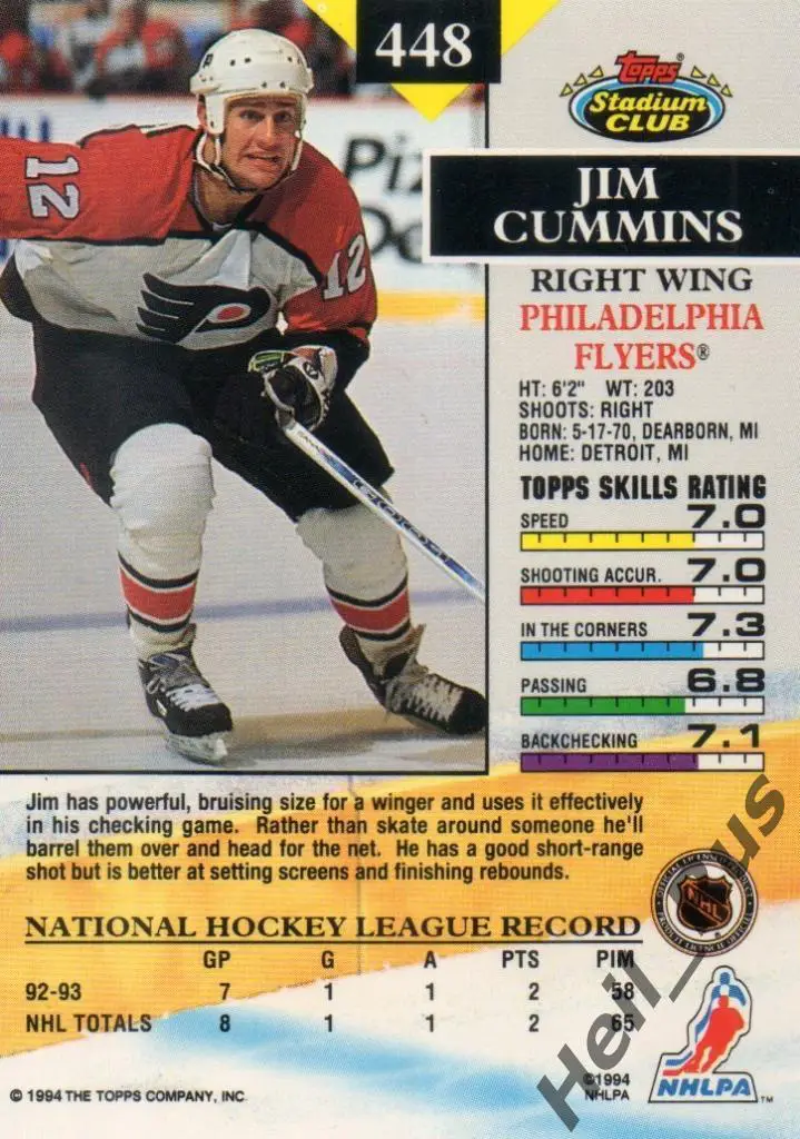 Хоккей Карточка Jim Cummins/Джим Камминс Philadelphia Flyers/Филадельфия НХЛ/NHL 1