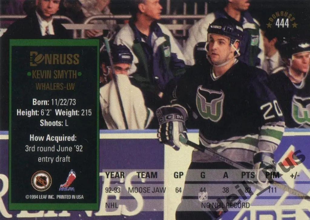 Хоккей Карточка Kevin Smyth/Кевин Смит Hartford Whalers/Хартфорд Уэйлерс НХЛ/NHL 1