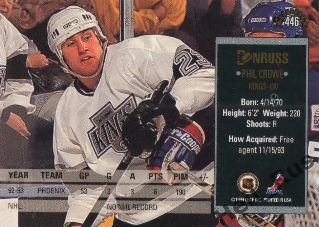 Хоккей Карточка Phil Crowe/Фил Кроу Los Angeles Kings/Лос-Анджелес Кингз НХЛ/NHL 1