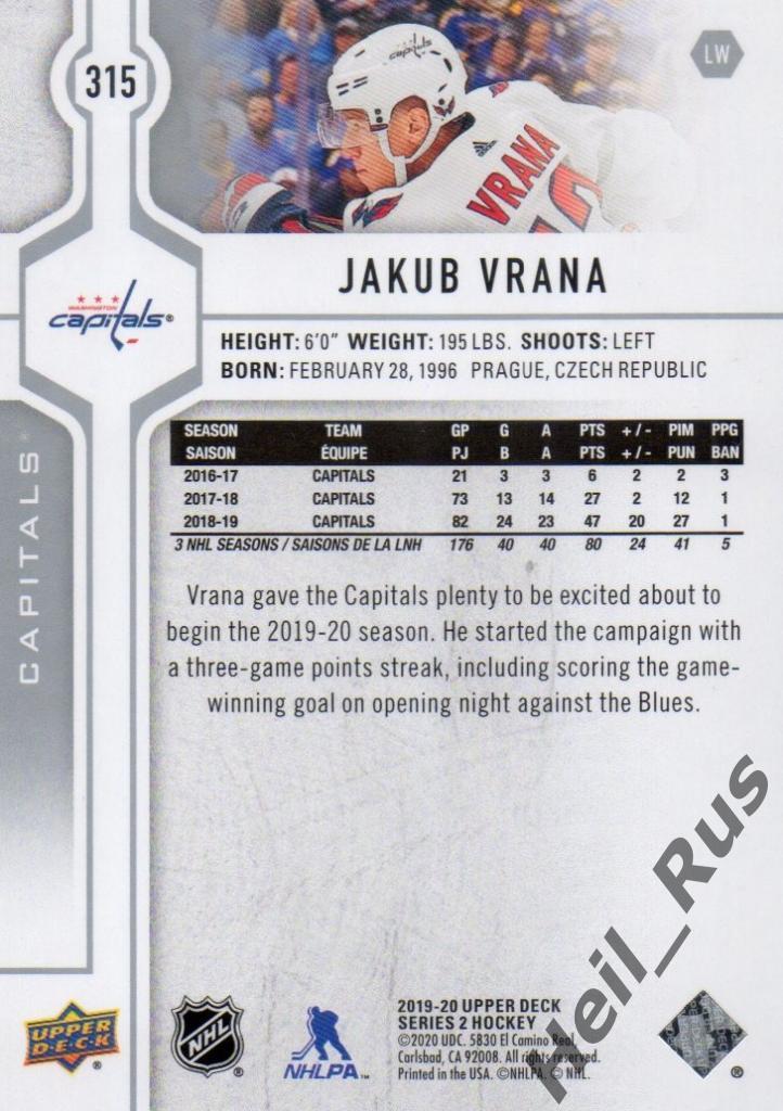 Хоккей Карточка Jakub Vrana/Якуб Врана (Washington Capitals / Вашингтон) НХЛ/NHL 1