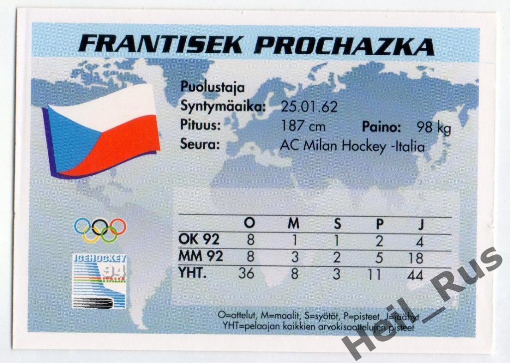 Хоккей. Карточка Frantisek Prochazka / Франтишек Прохазка (Чехия, Милан) 1994 1