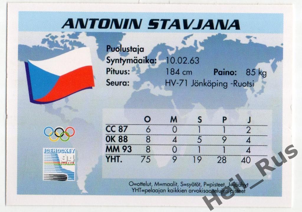 Хоккей. Карточка Antonin Stavjana / Антонин Ставьяна (Чехия, HV-71 / ХВ-71) 1994 1
