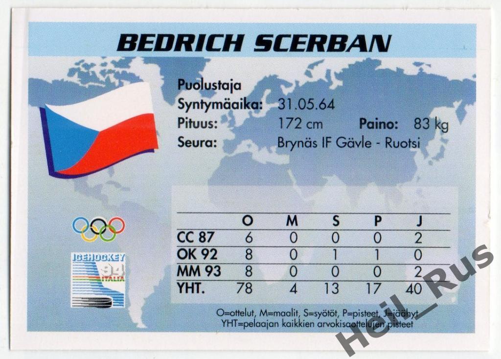 Хоккей. Карточка Bedrich Scerban / Бедржих Щербан (Чехия, Брюнес ИФ) 1994 1