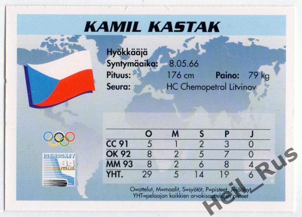 Хоккей. Карточка Kamil Kastak/Камил Каштяк (Чехия, ХК Хемопетрол Литвинов) 1994 1