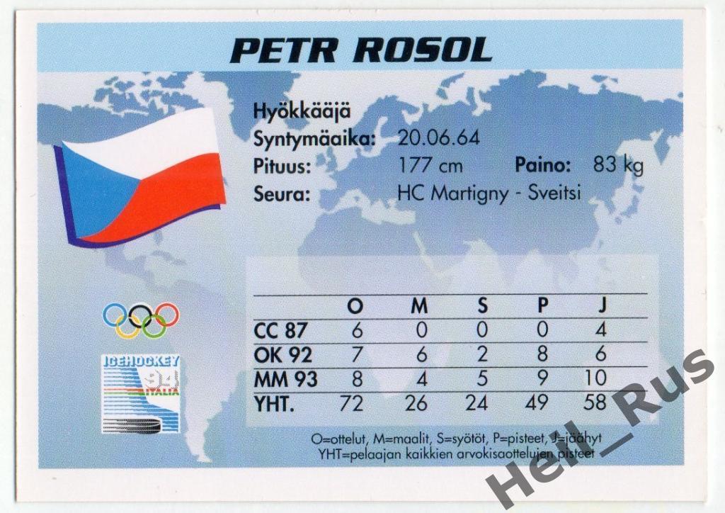 Хоккей. Карточка Petr Rosol/Петр Росол (Чехия, HC Martigny / ХК Мартиньи) 1994 1