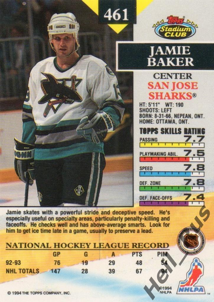 Хоккей Карточка Jamie Baker/Джеймс Бейкер San Jose Sharks/Сан-Хосе Шаркс НХЛ/NHL 1