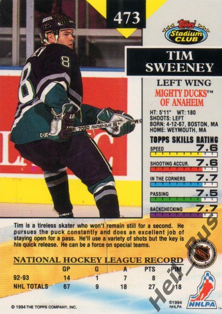 Хоккей. Карточка Tim Sweeney/Тим Суини (Mighty Ducks of Anaheim/Анахайм) НХЛ/NHL 1