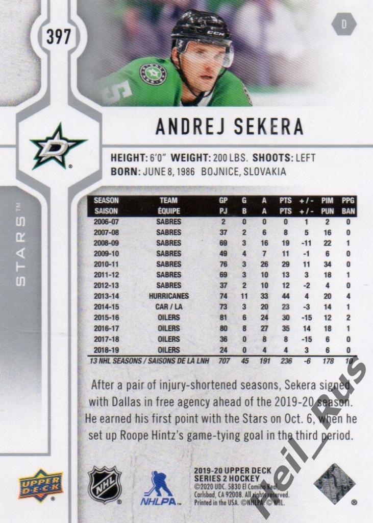 Хоккей. Карточка Andrej Sekera/Андрей Секера (Dallas Stars/Даллас Старз) НХЛ/NHL 1